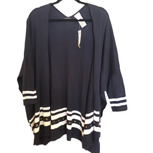 NWT Chico’s Navy Blue Striped Open Front Draped Knit Cape Cardigan Sweater L XL